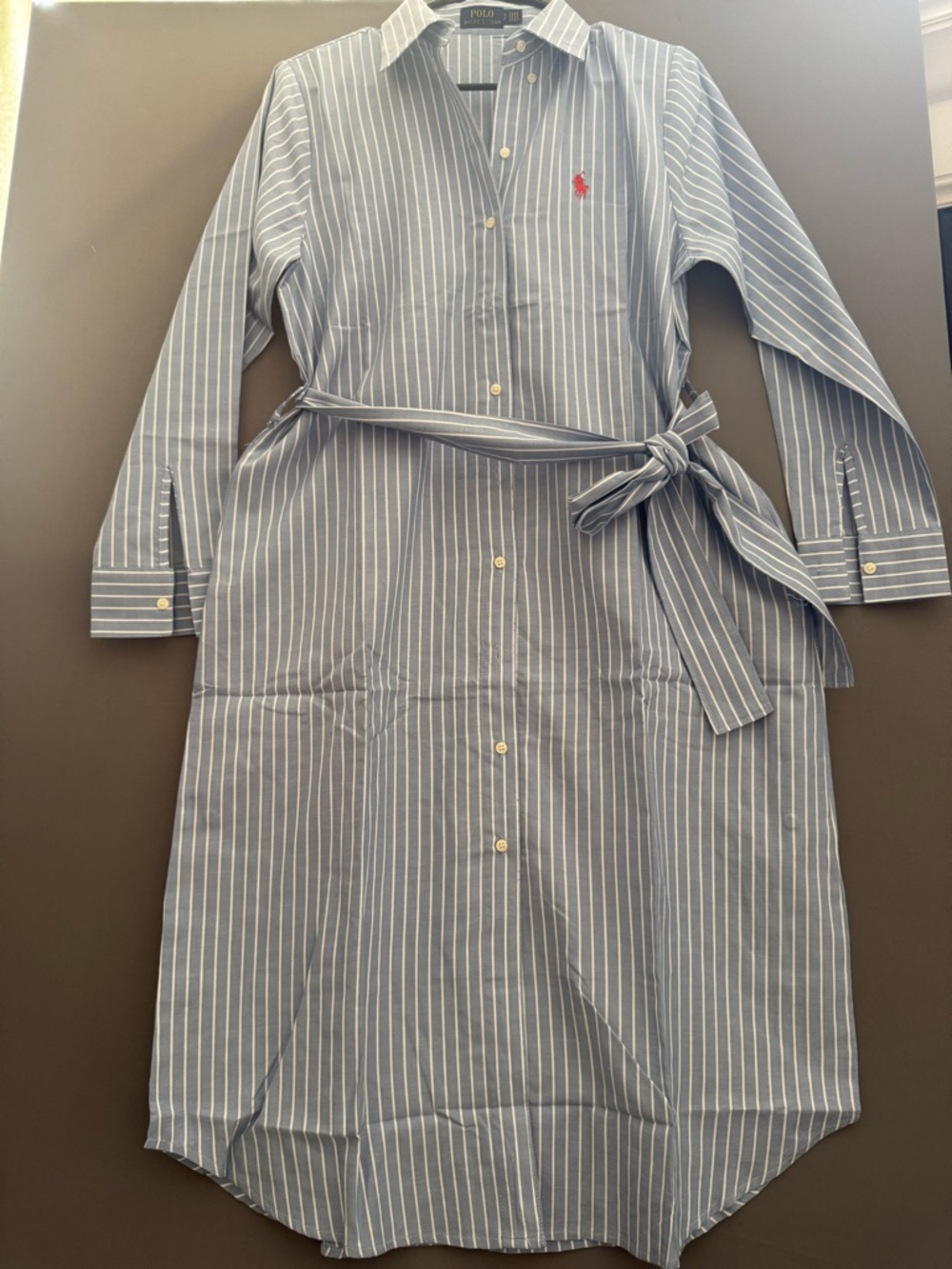 Ralph Lauren Blue and White Striped Shirt Dress with Tie Waist
